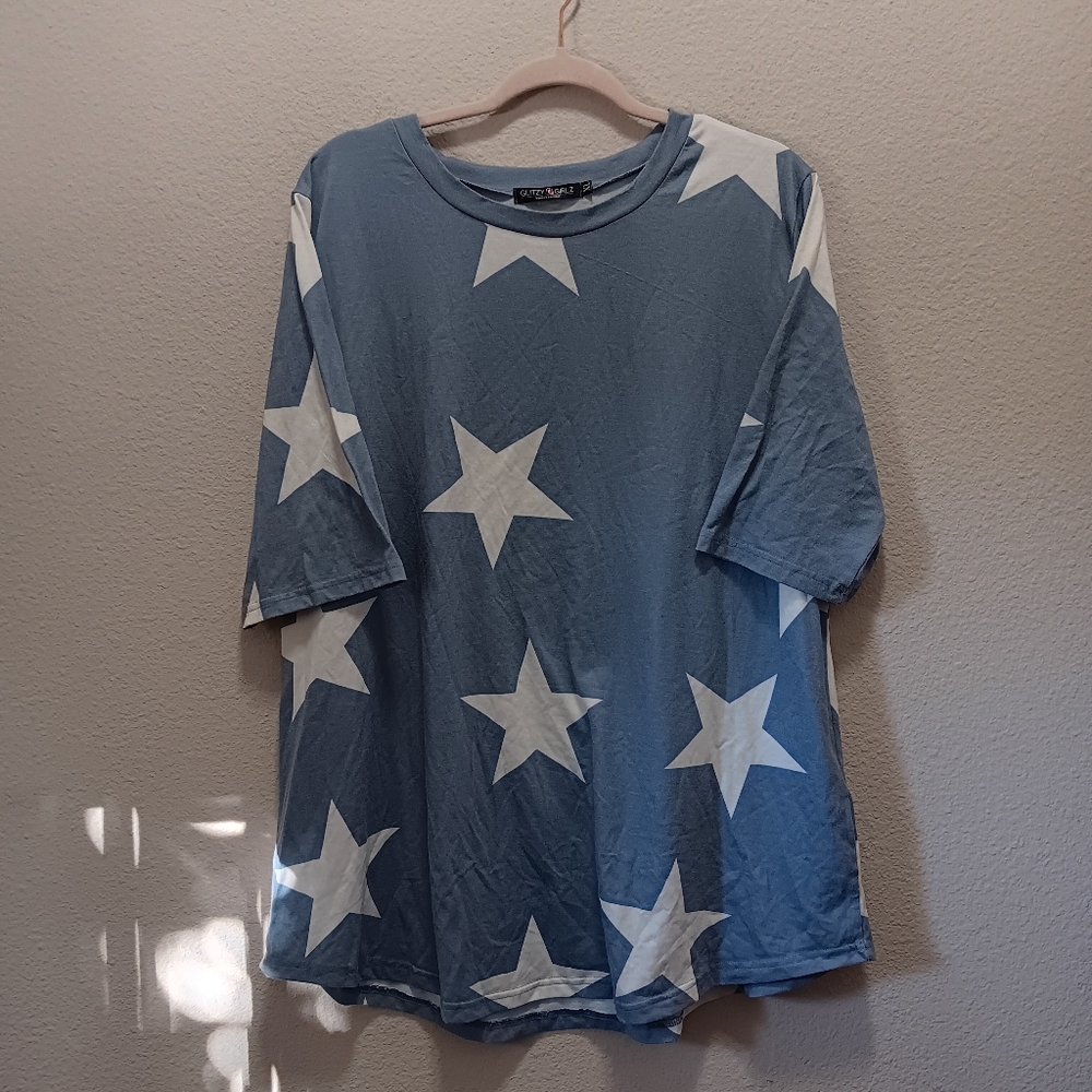Glitzy Girls Short Sleeve Tee XLarge Star Print Grey